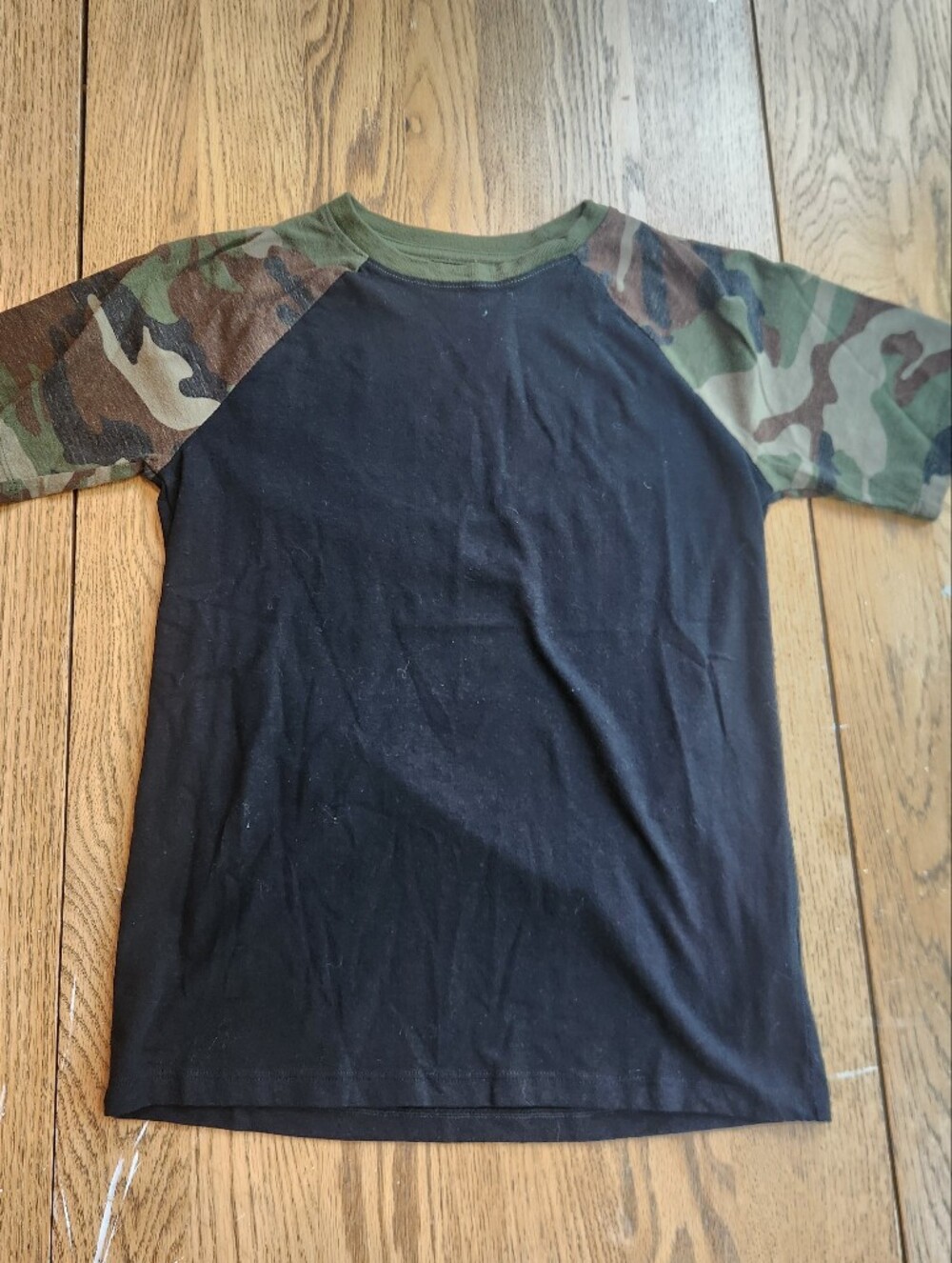 wonder nation Black Tee with Green Camo Raglan Sleeves
